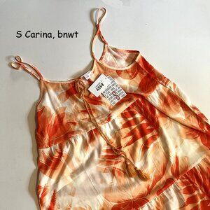 Small Lularoe Carina tiered maxi dress, orange tropical leaves